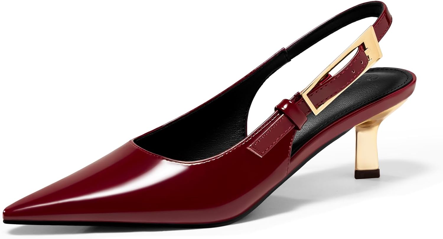 Coutgo Womens Slingback Kitten Heels Closed Pointed Toe Pumps Buckle Strap Wedding Party Dress Shoes