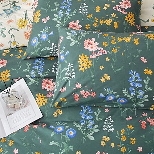 Image of PinkMemory Green and White Floral Duvet Cover King 100% Cotton Reversible Green and White Flower Pattern Bedding Set King with Pillowcases for Teens Adult Zipper Closure