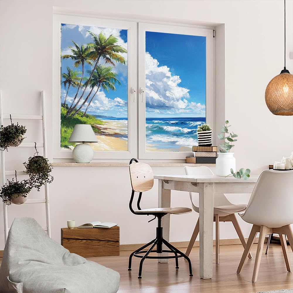Fensterfolie, Motiv: Küstenpalme, Privatsphäre, Aquarell, Himmel, Landschaft, dekorativ, gebeizt, statisch, haftend, Fensteraufkleber für Zuhause, 80 x 120 cm x 2 Stück