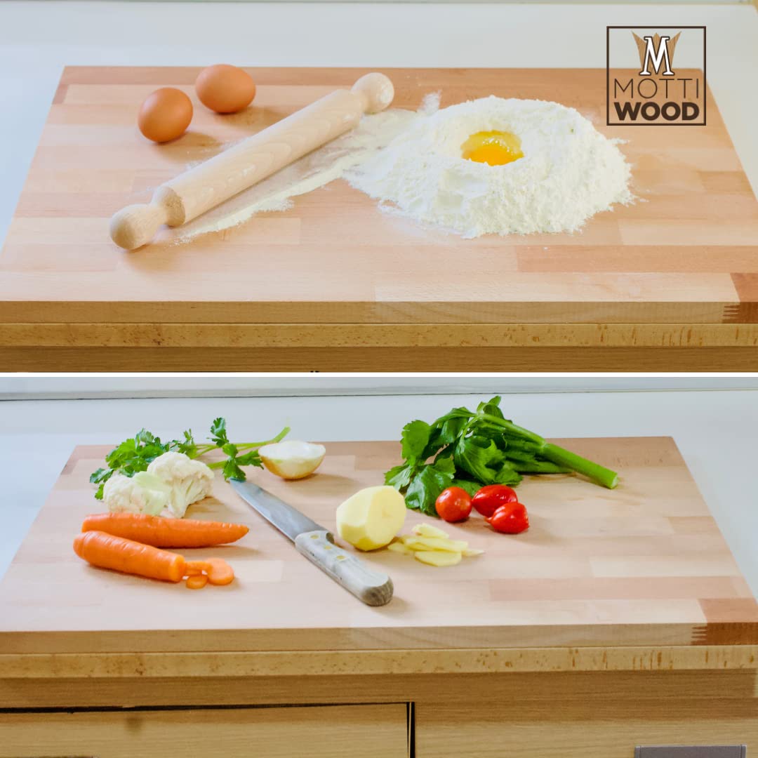 Tabla de pasta, rodillo incluido, 100% madera de haya, 60 x 40 x 1,9 cm, con escalón (2,2 cm)