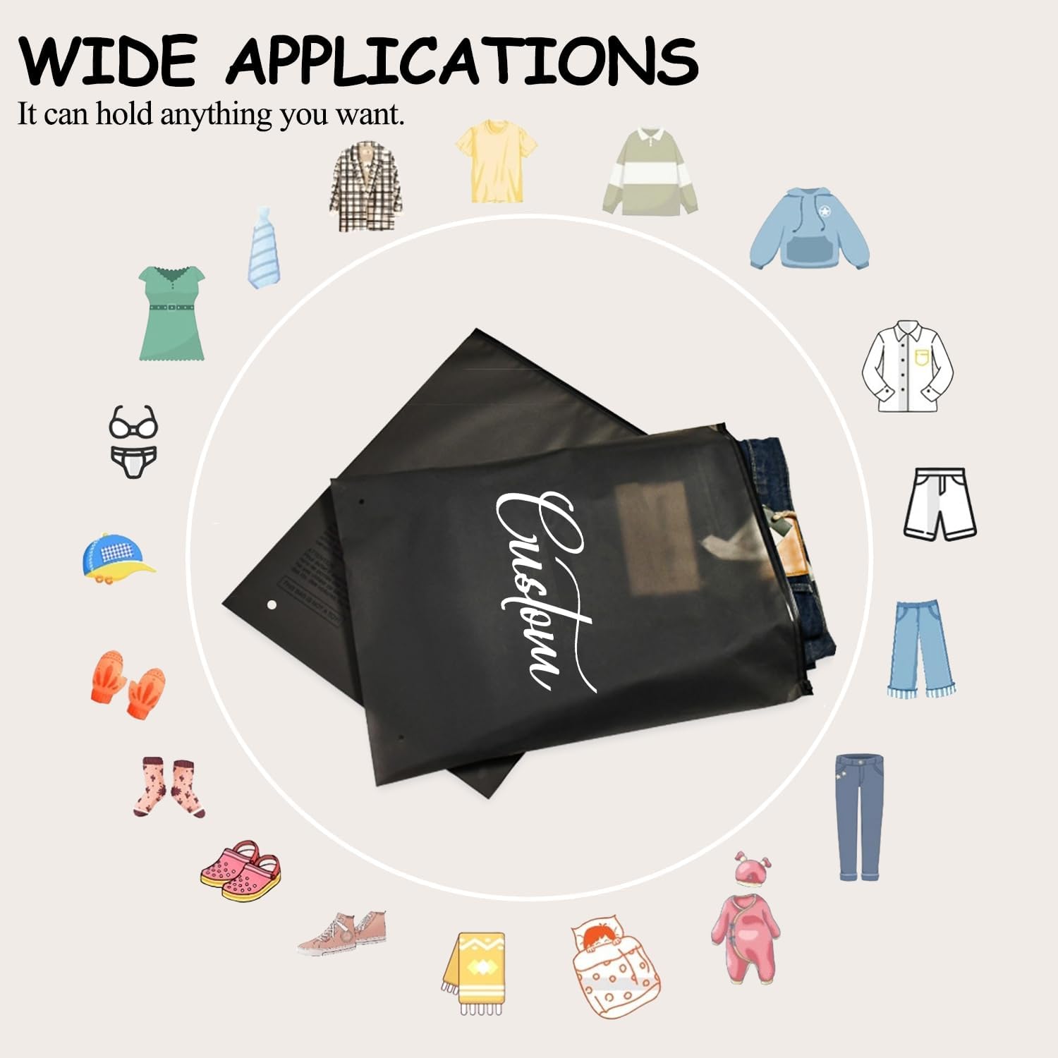 Custom 50-200pcs Translucent Matte Frosted Black Zipper Bags with Logo, Personalized Resealable Poly Plastic Packaging Bags for Clothing, T-Shirts, Leggings, Socks, Anything (100)