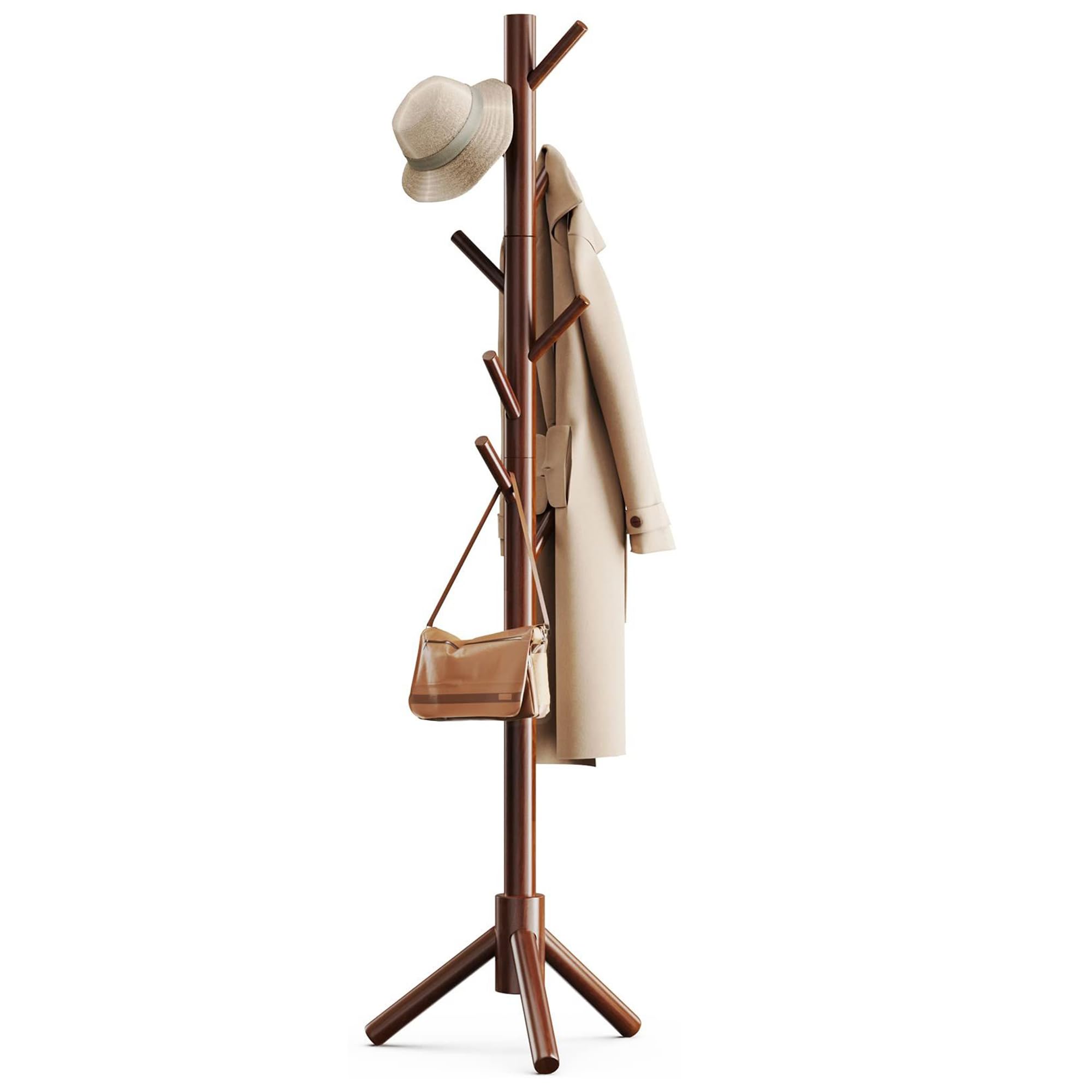 Bayt Attaccapanni da Terra Regolabile 175 cm – Appendiabiti Verticale in Legno Marrone con 8 Ganci, Design Salvaspazio e Moderno per Ingresso, Camera o Ufficio