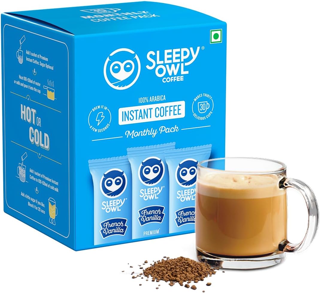 Sleepy Owl French Vanilla Premium Coffee Sachets | Pack of 30 Instant Coffee Powder Sachets | 100% Arabica Beans | 2gm Each - Vanilla Flavoured Coffee Pouch | Mellow & Sweet | Easy to Use & Carry