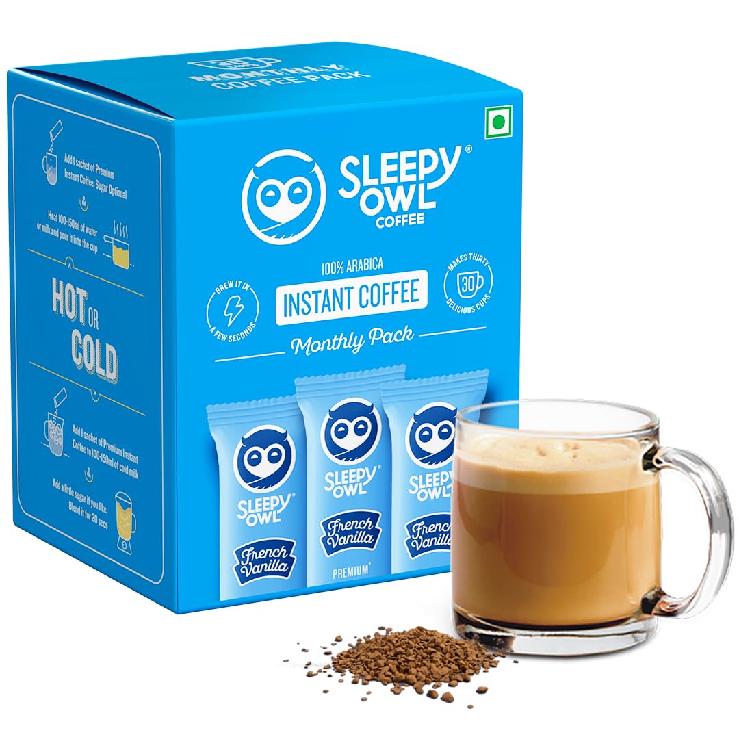 Sleepy Owl French Vanilla Flavour 100% Arabica Coffee Sachets | 60g – Pack of 30 x 2g Instant Coffee Powder Sachets | Travel Friendly Sleepy Owl French Vanilla Flavour 100% Arabica Coffee Sachets | 60g – Pack of 30 x 2g Instant Coffee Powder Sachets | Travel Friendly