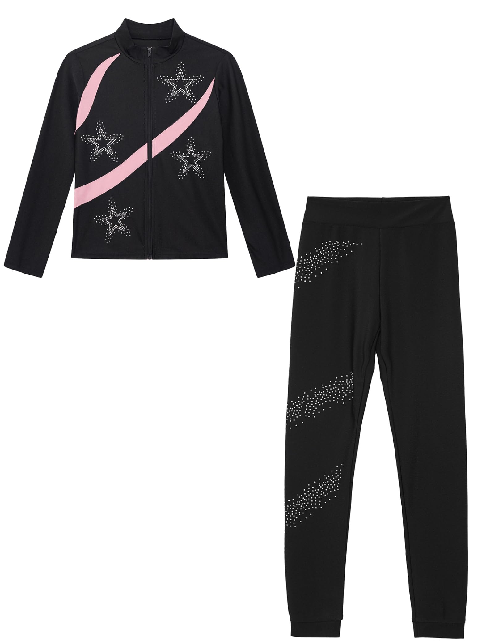 Jydiazi Mädchen Eiskunstlauf Anzug Glitzer Strass Jacke Und Leggings Mit Colorblock Kinder Eislaufen Tanzanzug Sport Kleidung Set Sweatsuit Rosa 122-128
