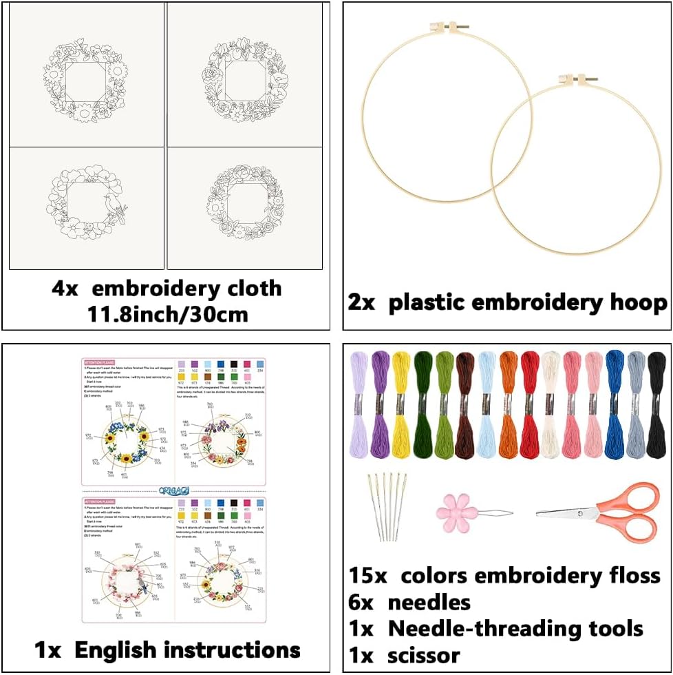 ORIGACH 4 Pack Floral Frame Embroidery Kits for Beginners DIY Starter Hand Embroidery Kit with Floral Wreath Patterns and Instructions for Adults Women Crafting
