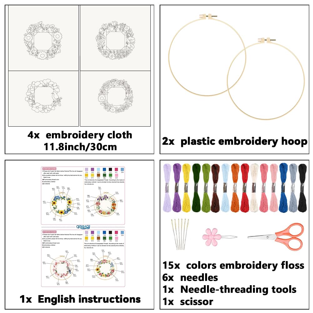 ORIGACH Paquete de 4 kits de bordado de marco floral para principiantes, kit de bordado a mano con patrones de corona floral e instrucciones para adultos y mujeres