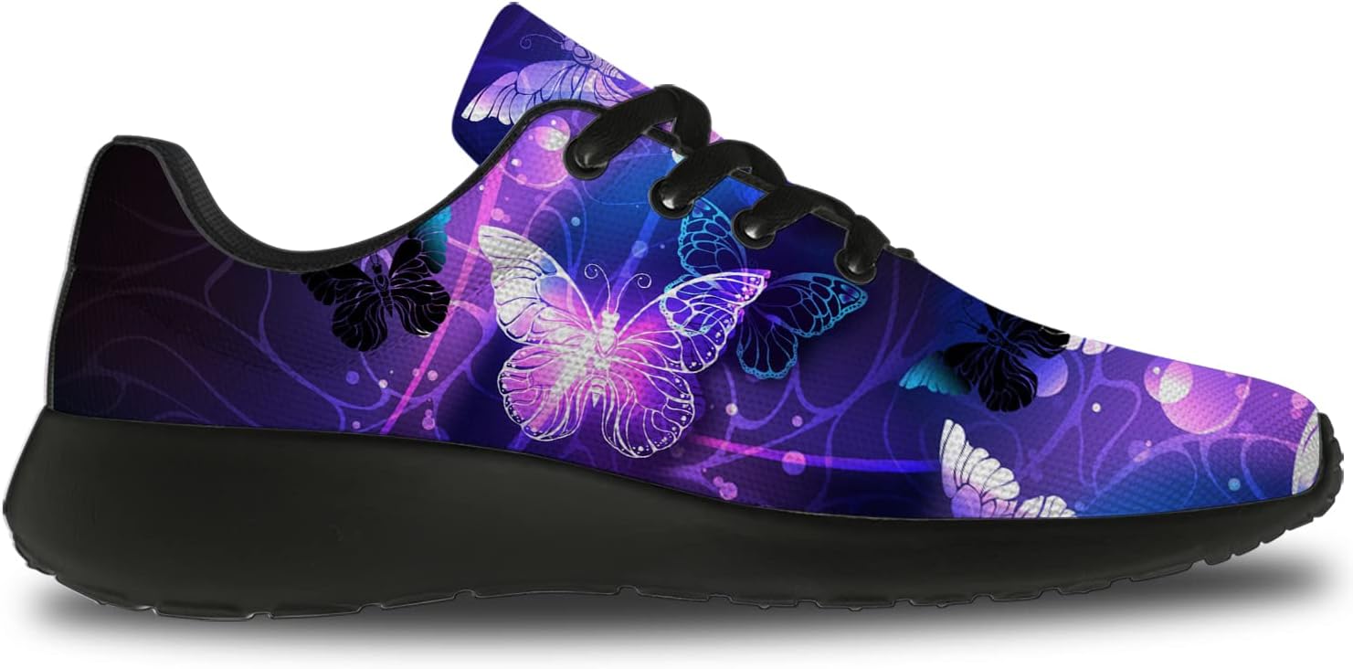 horethy Butterfly Shoes for Women Men Running Shoes Walking Tennis Sneakers Purple Butterfly Black Butterflies Night Shoes Gifts for Boy Girl,Size 4.5 Men/6.5 Women Black