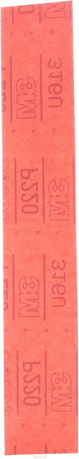 3M Hookit Red Abrasive Sheet, 01178, 220+ Grade, 2-3/4 in x 16 1/2 in, 25 Sheets for Auto Sanding