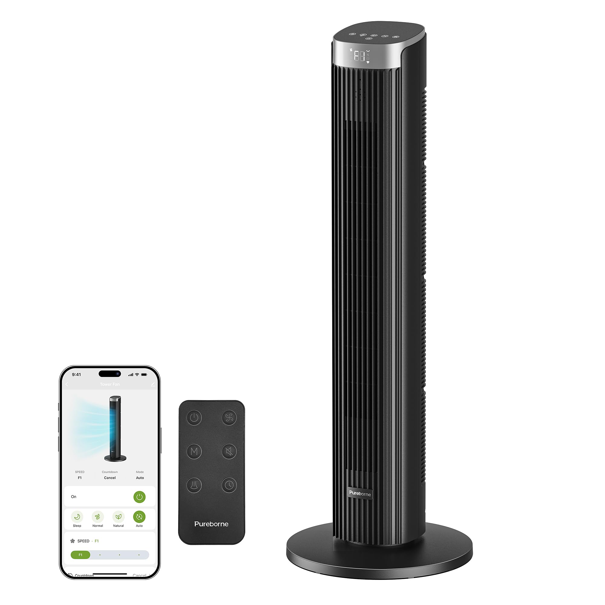 Ventola silenziosa 91 cm, ventilatore a torre oscillante a 90°, ventilatore da terra con telecomando e WiFi, 4 livelli e 4 modalità, timer 12 H per camera da letto, colore