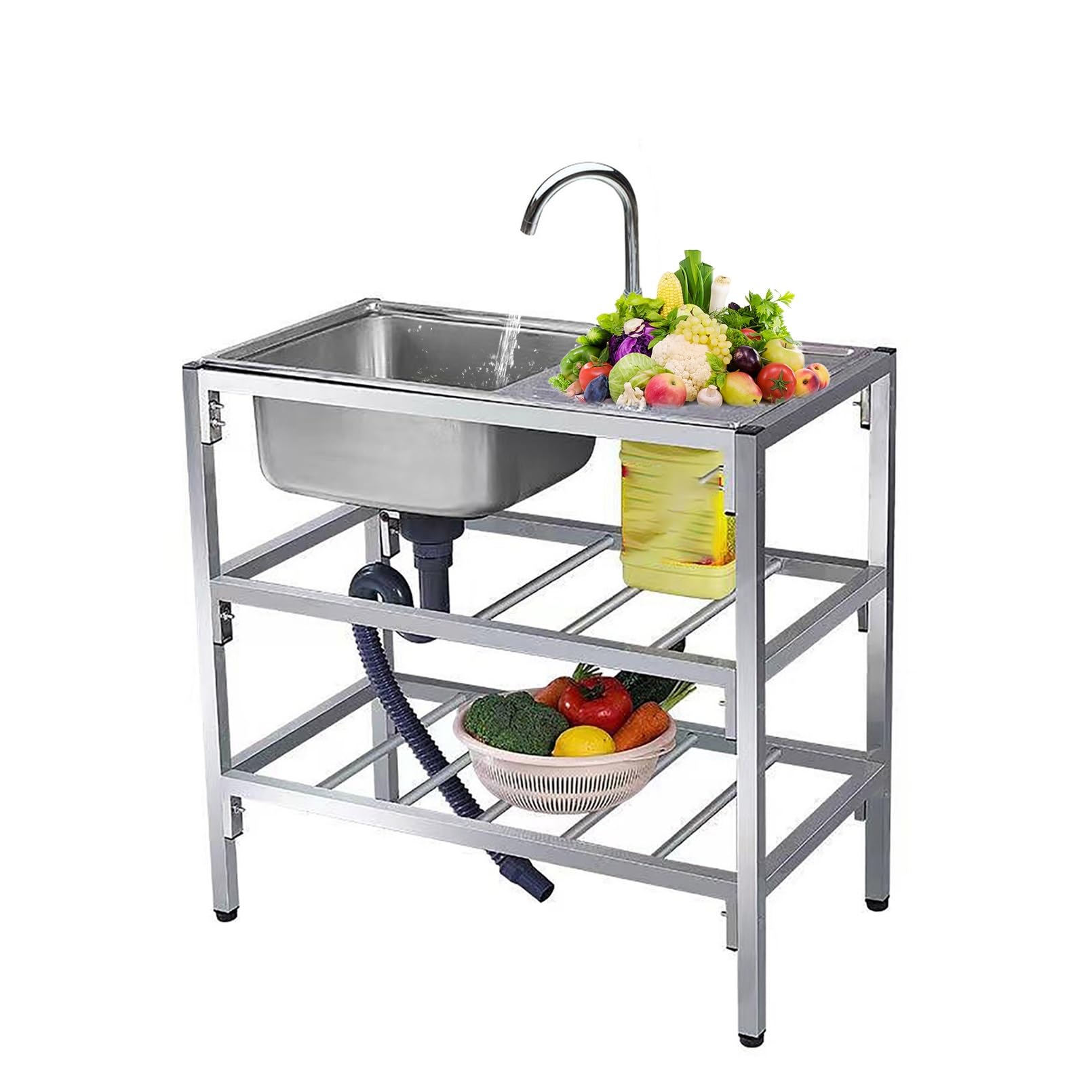 Évier de cuisine cuve simple en inox avec égouttoir intégré pour grand restaurant