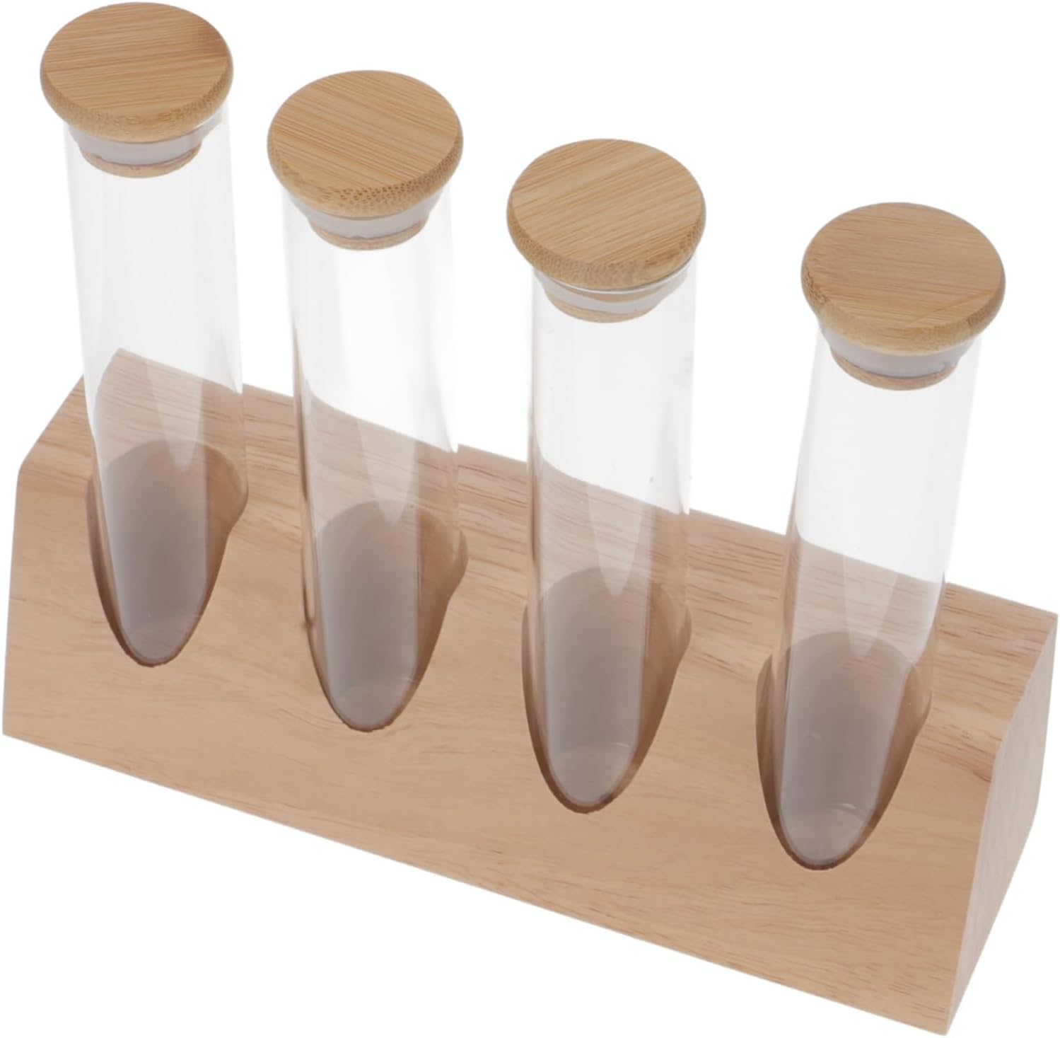 Glass Coffee Bean Storage Tubes with Airtight Lids and Wooden Display Stand for Tea Coffee and Grains Easy Assembly Transparent Design for Freshness and Flavor Preservation
