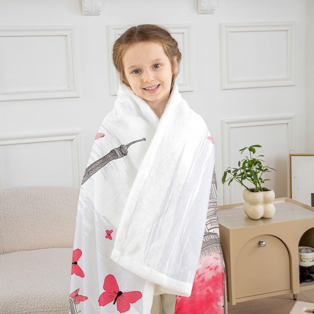 Eiffel Tower Blanket Red Cherry Blossom Fleece Blanket Girls Women Romantic City Building of Paris Throw Blanket Butterfly Flowers Arc De Triomphe Plush Blanket Paris Themed Sofa Decor 90"x90"