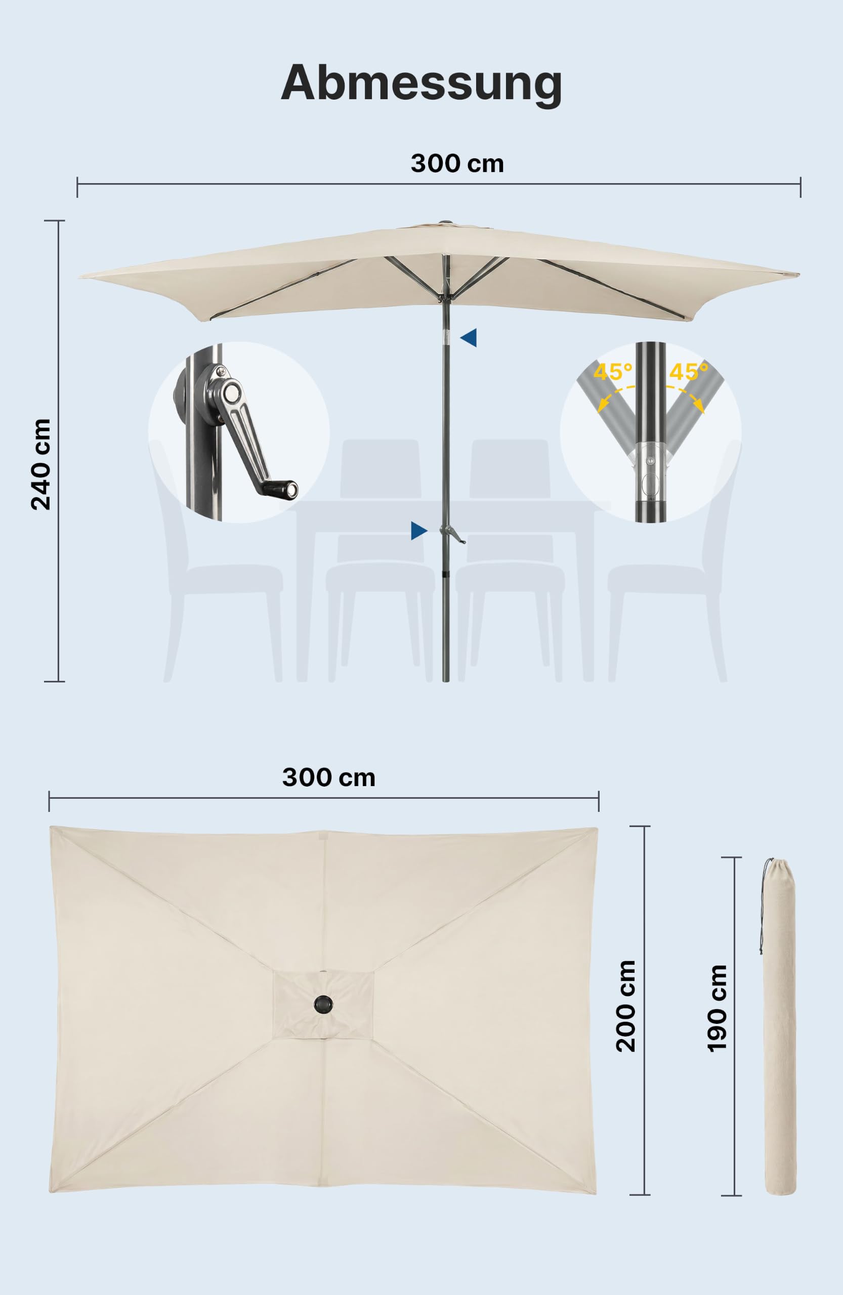4smile Sonnenschirm Balkon mit Kurbel, Sonnenschirm rechteckig 300x200 cm | UV 50+ Sonnenschutz Balkon, knickbarer Balkonschirm für Terrasse & Garten, inkl. Schutzhülle, Beige
