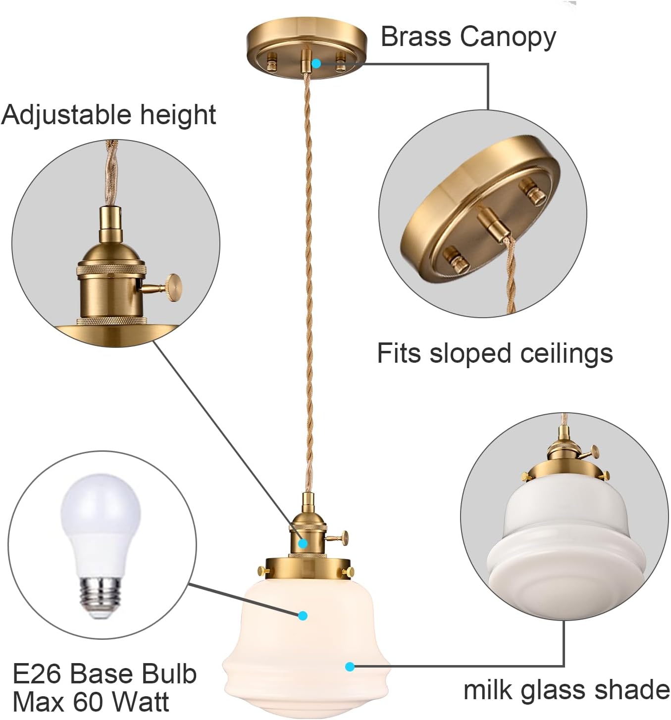 Industrial Milk Glass Pendant Light Fixture, Vintage Brass Adjustable Schoolhouse Hanging Light, Retro Mid Century Pendant Lighting for Kitchen Island Hallway Schoolhouse Dining Room Bedroom