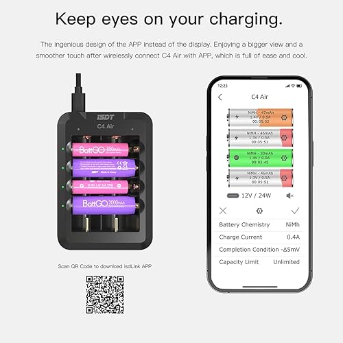 Miniatura 10 de ISDT C4 EVO AAA Cargador universal de batería de 6 bahías, con salida tipo C QC3.0 para baterías recargables AA Li-ion, recarga de batería doméstica