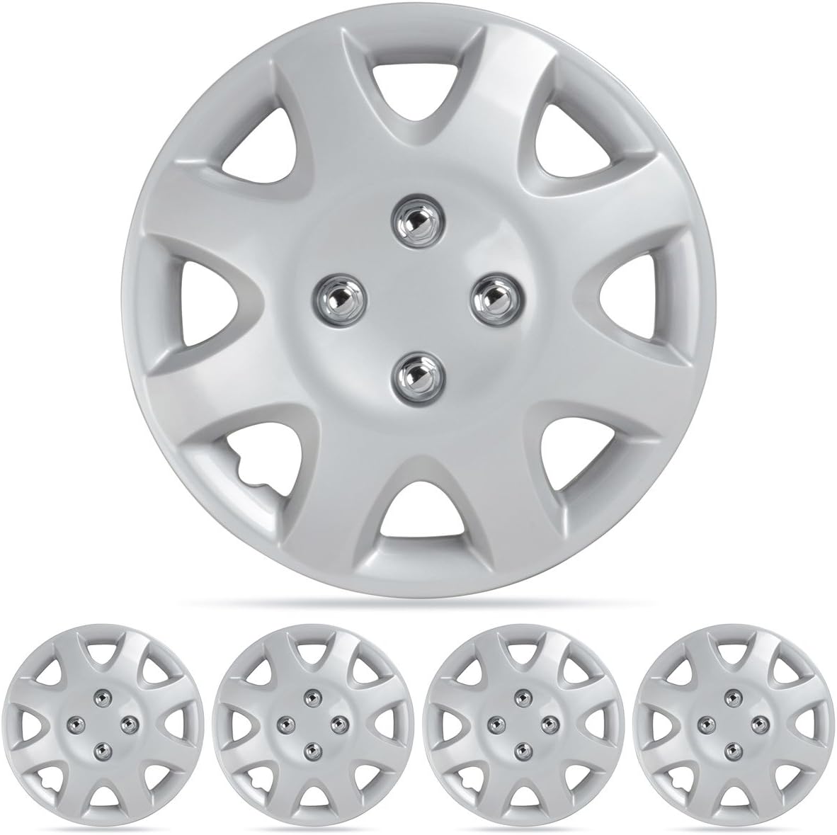 BDK 4-Pack 14" Snap-On Hubcaps Wheel Covers, Universal Fit for OEM Factory Replacement Wheels and Rims, Exterior Car Accessories Impact Resistant Automotive Rim Protectors - Multi-Spoke (Set of 4)