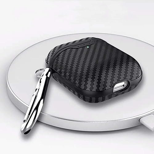 Miniatura 5 de Compatible con auriculares Airpods 1 y 2, fibra de carbono fresco grano militar anti-caída flexible TPU protector antidedos con llavero negro