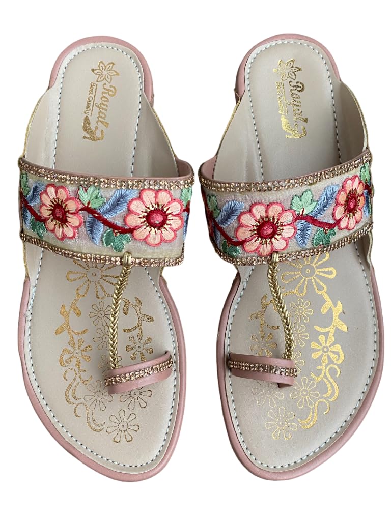 TREXXYKolhapuri Embroidered Chappal for Women | Flat Fashion Sandals | Ethnic Slippers for Girls | Ethnic Flat Sandals | Toe-Ring Festive Slippers | Slip On Ethnic Flats Chappal