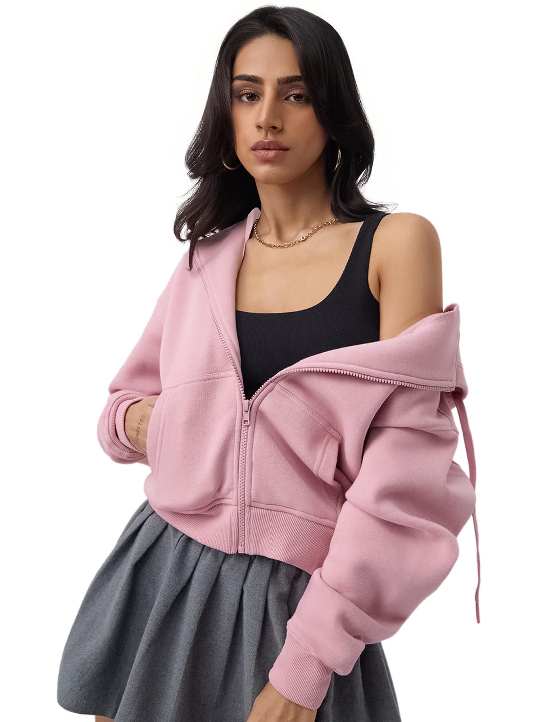 the souled store Zipper Hoodie: Antique Rose Women and Girls Long Sleeve Hooded Neck Light Pink Solid Cotton Blend Oversized Fit Premium Heavy Fleece Everyday Zipper Hoodie-picture-48