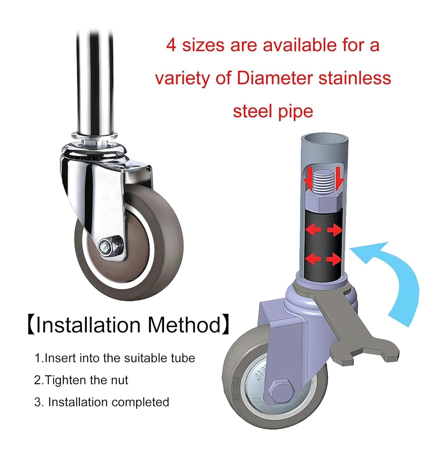 Lenkrollen Möbelrollen 2 Zoll 2,5 Zoll 3 Zoll 4 Zoll Speisewagen-Rollensatz mit 4 Stück, Sockeltyp-Montageschaft TPE-Gummirollen,(Swivel,75mmA)