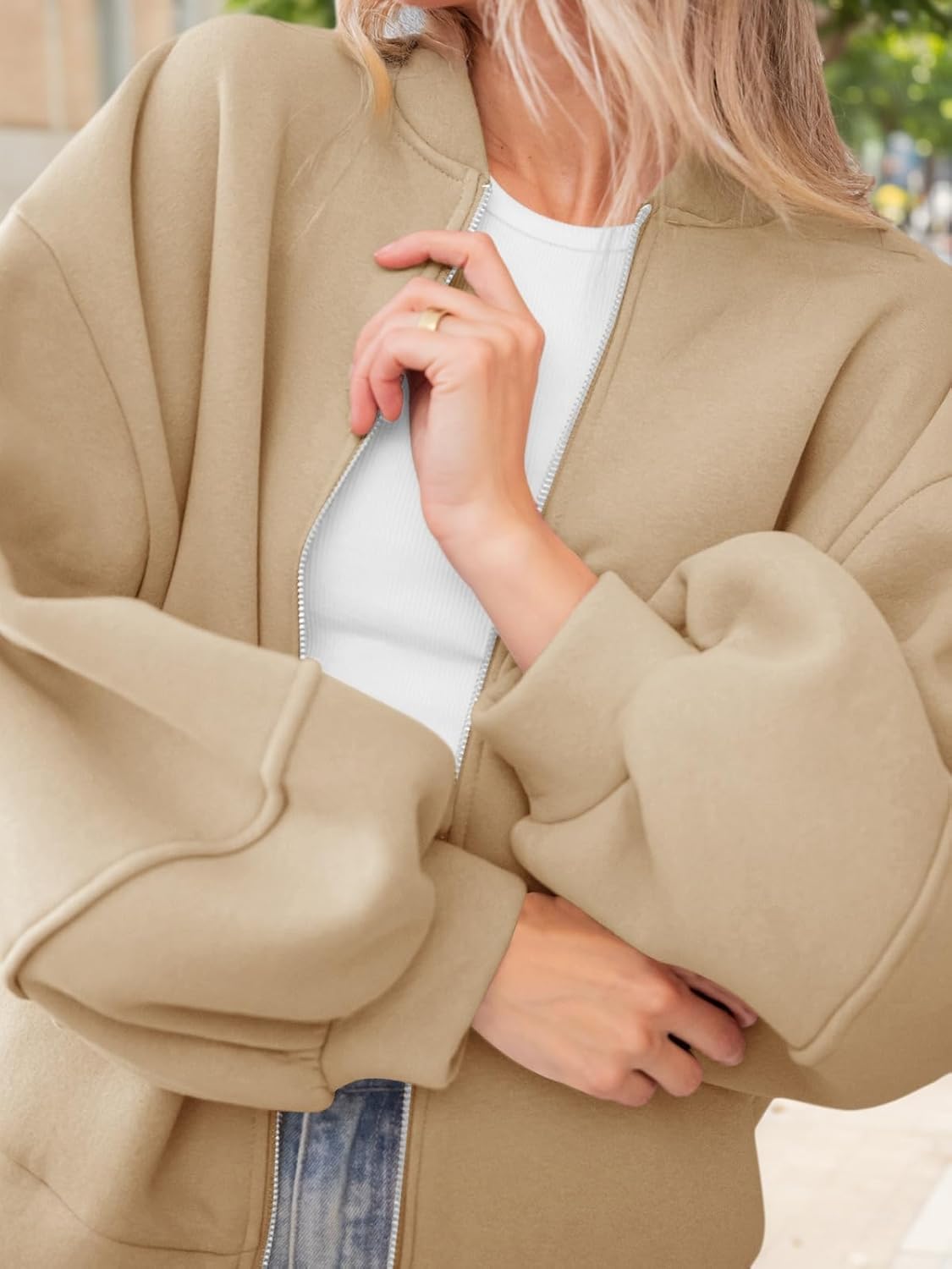 Fisoew Womens Zip Up Sweatshirt Casual Bomber Jacket Lantern Sleeve Oversized Jacket Fall Outfits 2025 - Image 2