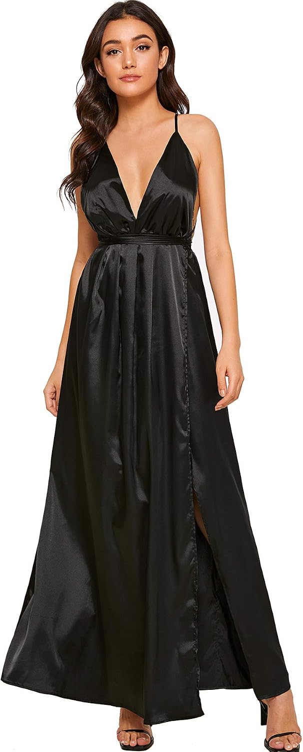 Amazon.com: SheIn vestido largo de satén con cuello en V profundo para  mujer, con espalda descubierta, vestido sexy de noche para discotecas y  fiestas : Ropa, Zapatos y Joyería