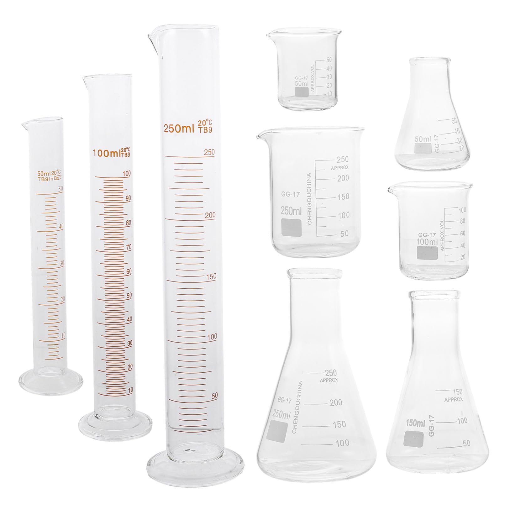 COLLBATH 9pezzi Vetreria Da Laboratorio in Vetro Spesso Becher Cilindro Graduato e Flacone Conico Con Scala Chiara Resistente Temperature Alte Per Esperimenti Precisi