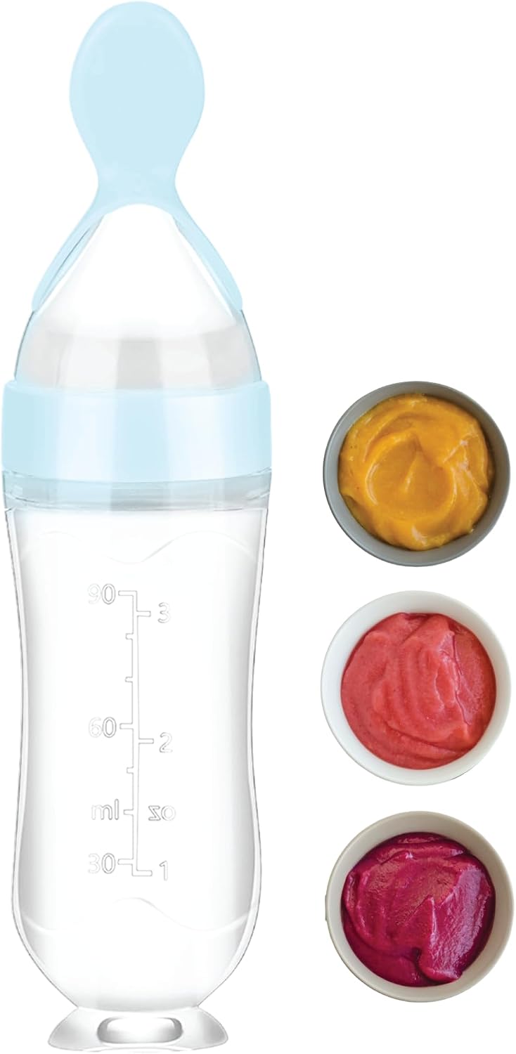 Lulyboo Easy Squeeze Spoon Feeder with soft silicone spoon for early purees. One-hand feeding, travel-friendly dust-proof cap, secure seal, suction base, gentle on gums, easy to fill and clean