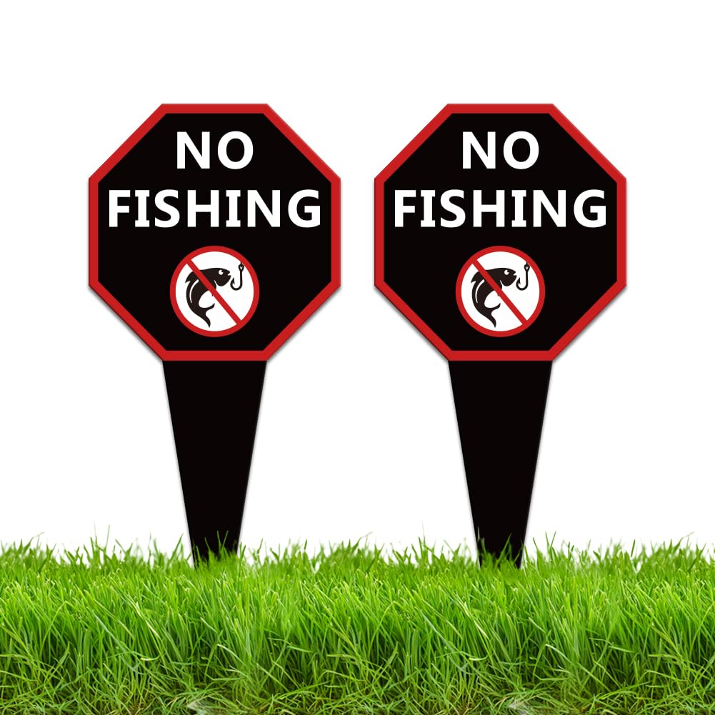 WEBEEDY 2 Pack No Fishing Signs Metal Private Property Yard Signs with Stake, 25x35cm Do Not Fish Warning Signs for Pool Lake Yard Garden Seaside Lawn Stand Outdoor - Weatheproof Aluminum