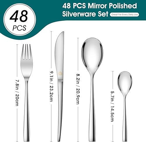 Miniatura 2 de vancasso Cubiertos de acero inoxidable de 48 piezas, juego de cubiertos de acero inoxidable, vajilla para 12 personas, cuchillo, tenedor, juego de