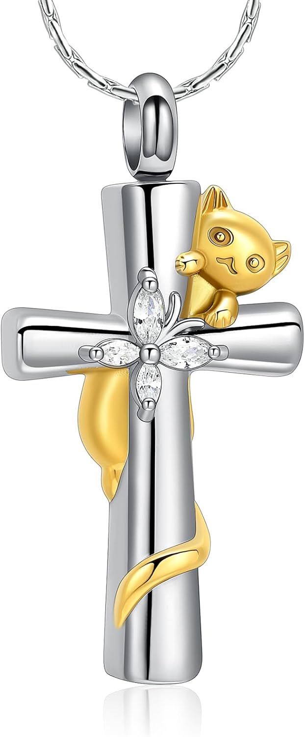 constantlife Cross Urn Necklace for Ashes Cat Butterfly Cremation Jewelry for Women Men Memorial Pendant Chain Human Pet Ashes Holder