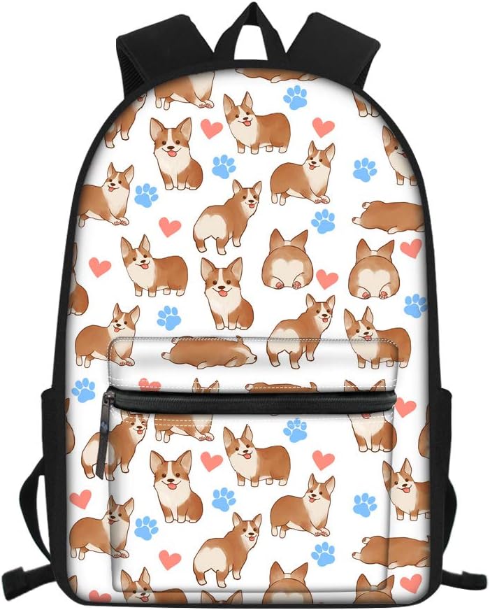 Showudesigns Casual School Bag for Middle School Girls Corgi Heart Print Kids Backpack 15.6 inch Dog Teenager Student Shoulder Travel Daypack White