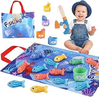 PATPAT® Montessori Fish Catching Toy Matching Game, Fun Fish Catching Game for Kids with 15 Colored Stuffed Fish, Soft Fis...