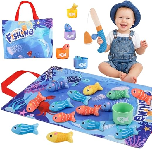 PATPAT® Montessori Fish Catching Toy Matching Game, Fun Fish Catching Game for Kids with 15 Colored Stuffed Fish, Soft Fis...