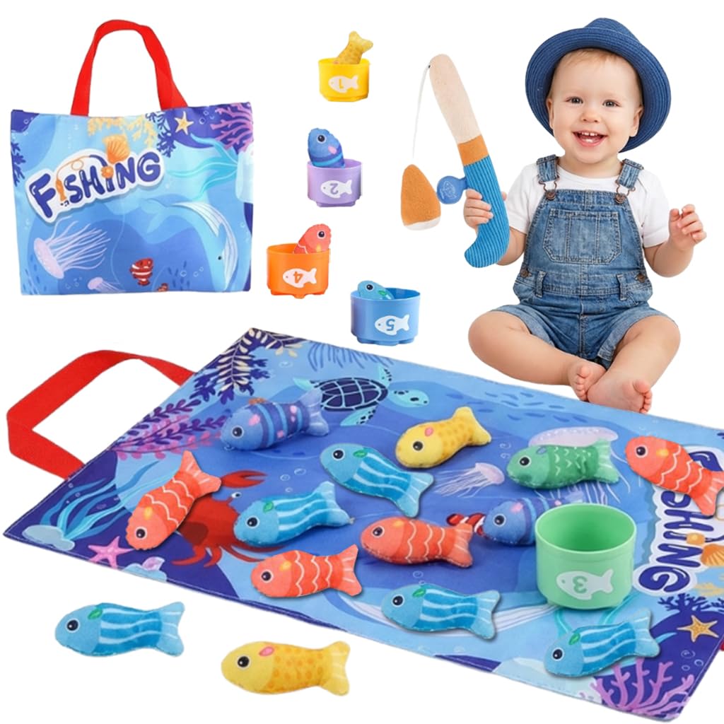 PATPAT® Montessori Fish Catching Toy Matching Game, Fun Fish Catching Game for Kids with 15 Colored Stuffed Fish, Soft Fis...