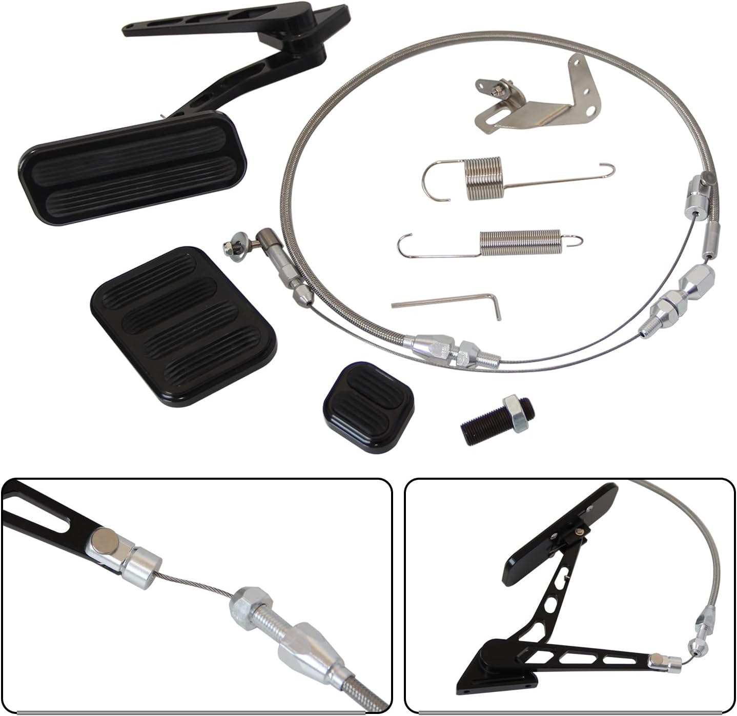 Billet Gas Pedal with Brake and Clutch Pad Black,36" Throttle Cable Bracket Spring Kit Aluminum Black