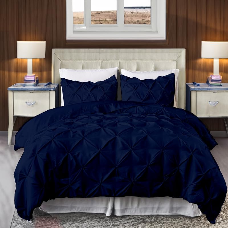 EASYCOT 800TC Diamond Pintuck Duvet Cover Set Egyptian Cotton 3 Piece Duvet Cover Set Single Size Pinch Pleat Comfortable Hotel Quality Bedding set (Navy Blue) — image 1