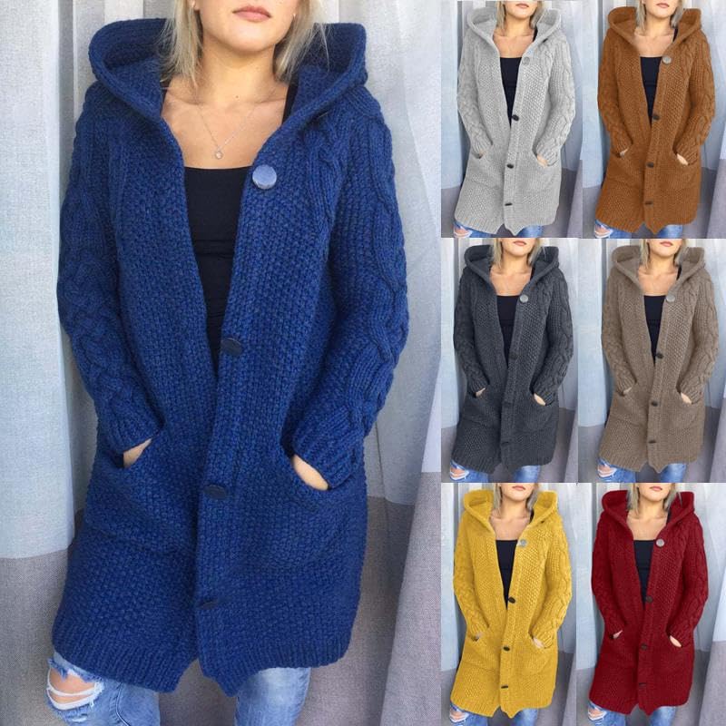 Women's Cable Knit Long Hooded Cardigan Chunky Button Down Open Front Sweater Cardigan with Hood Pockets4