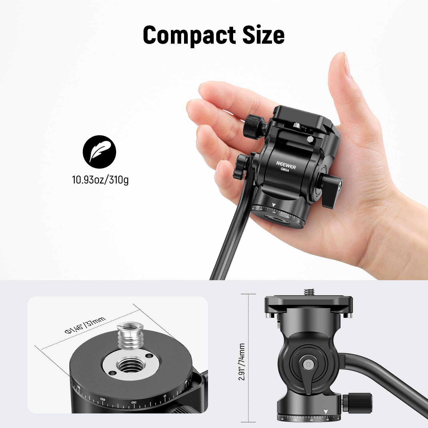 NEEWER Testa Fluida per Treppiede con Piastra Sgancio Rapido e Maniglia, Adattatore Treppiede Fotocamera Pan. Incli. Compatibile con Arca Swiss per Videocamere DSLR Compatte, Max 3kg, GM24 Tutto Nero
