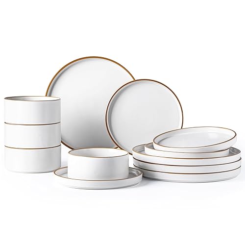 LERATIO Ceramic Dinnerware Sets for 4,Matte Stoneware Plates and Bowls Set, Chip and Crack Resistant | Oven & Dishwasher & Microwave Safe Dishes Set, Service for 4-Dusted Gold Rim - Service for 4 - Dusted Gold Rim