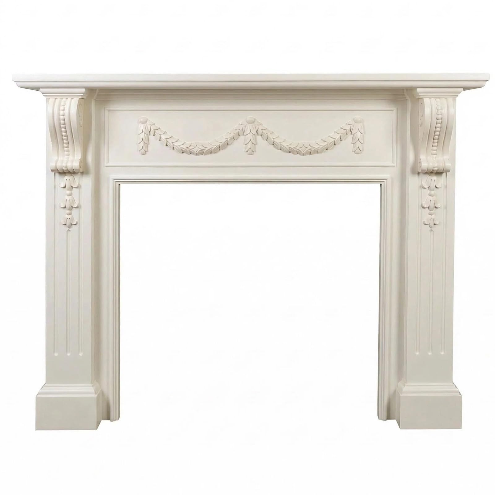 Mantels Surrounds Off-White Birch Wood Fireplace Mantel Surround Neoclassical Ornate Frame Decorated Frame