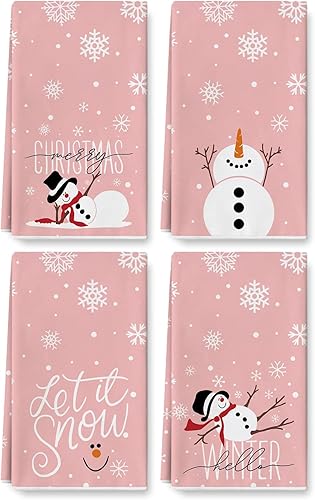 Miniatura 1 de AnyDesign - Toalla de cocina de muñeco de nieve de Navidad, toalla de cocina rosa con copos de nieve de 18 x 28 pulgadas, ultra absorbente, Let It