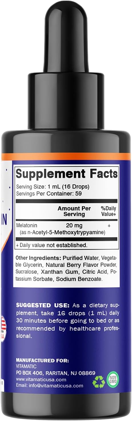 Vitamatic 2-Pack Melatonin 20mg Liquid Drops - 2 fl oz (59 ml) Each - Natural Berry Flavor - Non-GMO, Vegetarian Supplement for Adults - Image 8