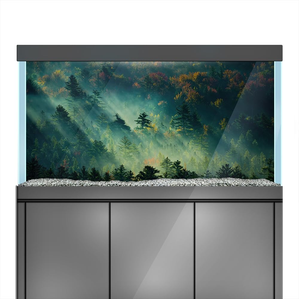 Aquarium Background Stickers - Forest, Trees, Light, Mist - Fish Tank Reptile Terrarium Decor Poster (120 x 60 cm / (47.2 x 23.6 inches))
