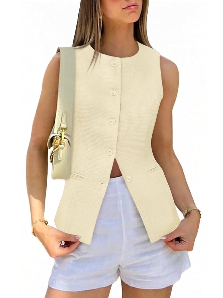 Tankaneo Womens Tweed Sleeveless Vest Crew Neck Button Down