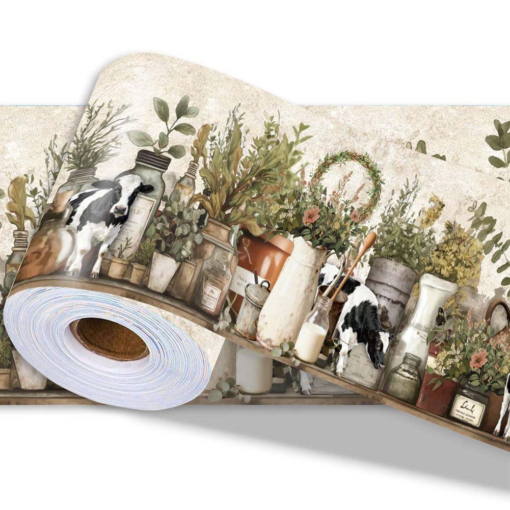 PRESSINART Farmhouse Wallpaper Border Wall Border Trim Peel and Stick 197 x 4 Inch Cattle Floral Jar Pattern PVC Decorative Molding Stickers for Bathroom Laundry Kitchen Backsplash Home Decoration