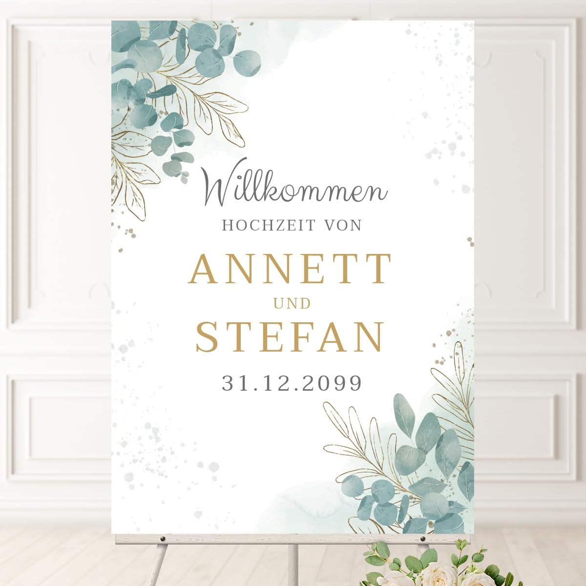 Personalisiertes Willkommensschild zur Hochzeit, Größe wählbar: DIN A3, A2 oder A1 - Eukalyptus Design - mit intensivem UV-Druck mit Ihren Namen, Datum und Text, 3mm Dick