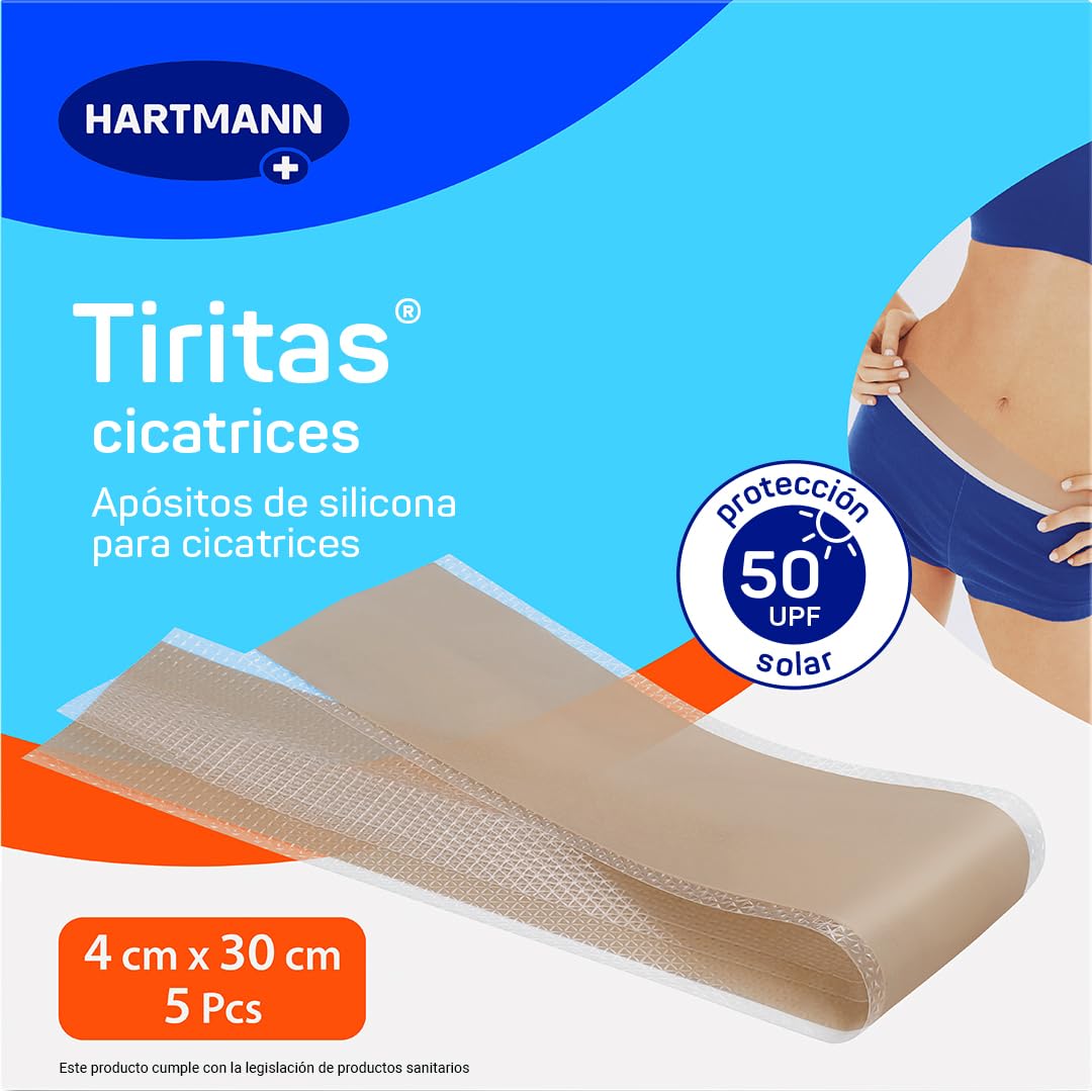 Tiritas Cicatrices, Apósito de Silicona, Previene y Trata Cicatrices Lineales, Hipertróficas y Queloides durante la Curación, Protección Solar FPS 50+, 4x30cm, 5uds