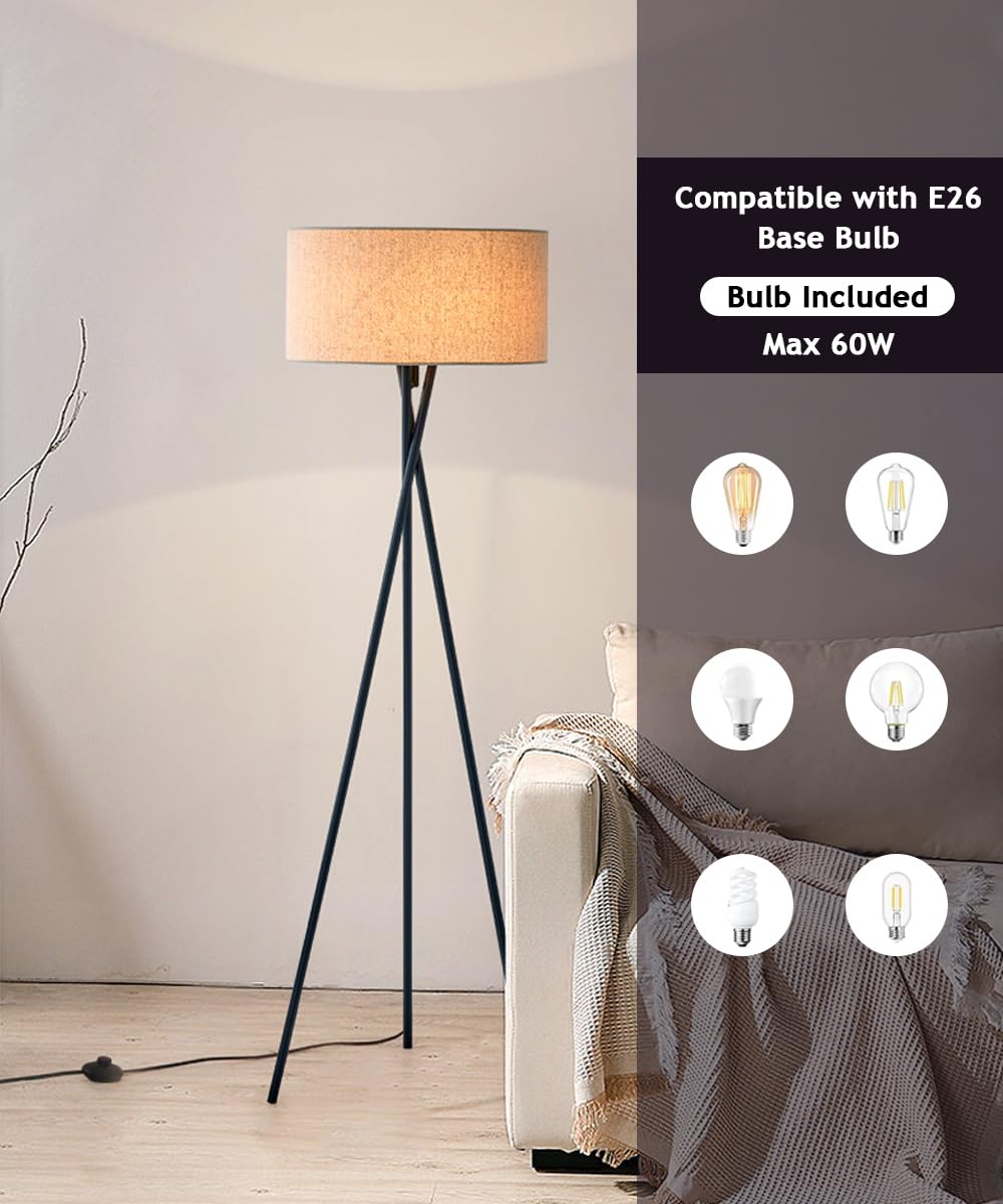 Okrągła, lniana lampa podłogowa na statywie w stylu połowy wieku, 160 cm, z czarnego żelaza, z obrotową tkaniną, trzonkiem E26, ściemniana, idealna do salonu, sypialni, biura lub sofy.